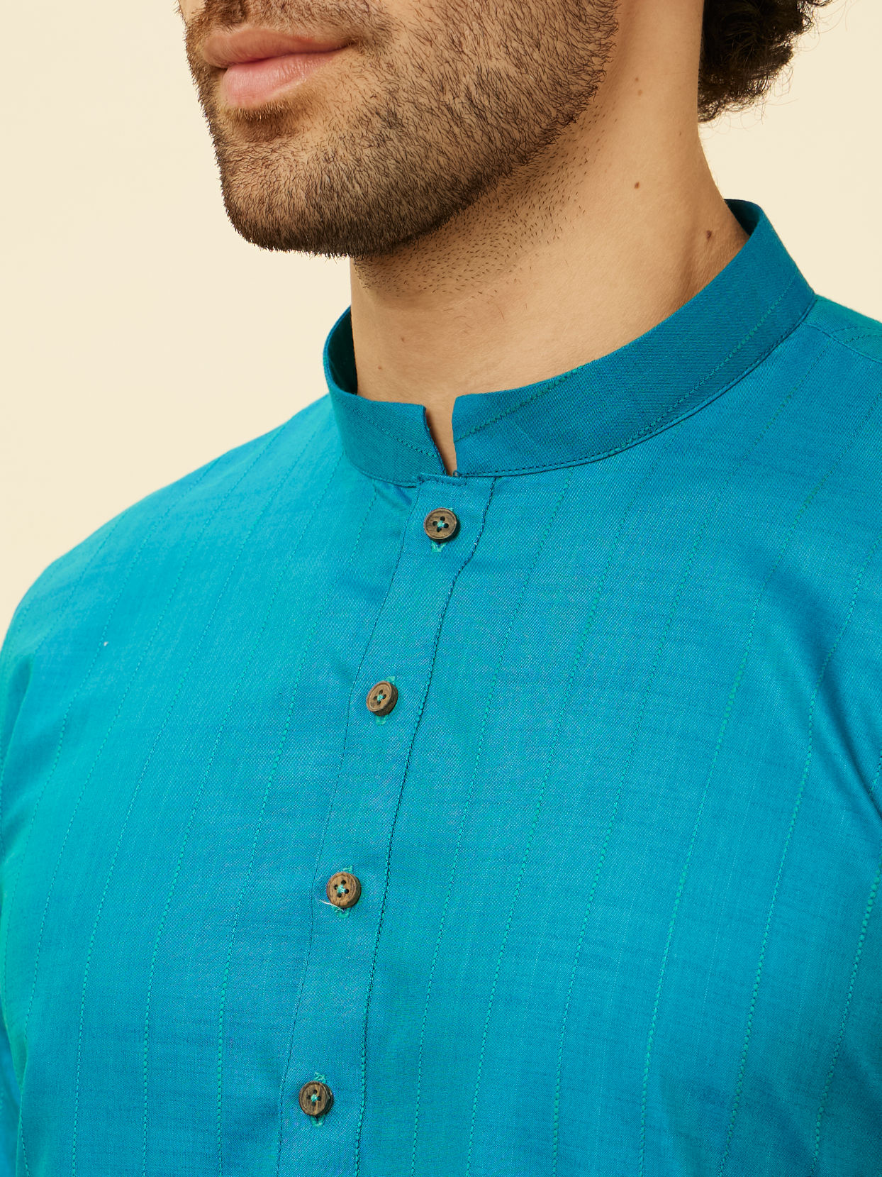 alt message - Manyavar Men Teal Green Self Striped Kurta image number 1