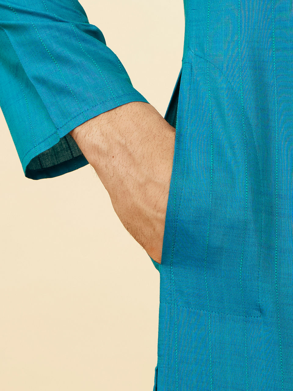 Manyavar Men Teal Green Self Striped Kurta