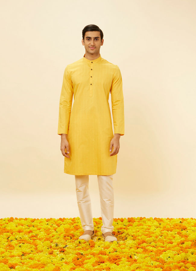 Manyavar Men Tuscan Yellow Self Striped Kurta