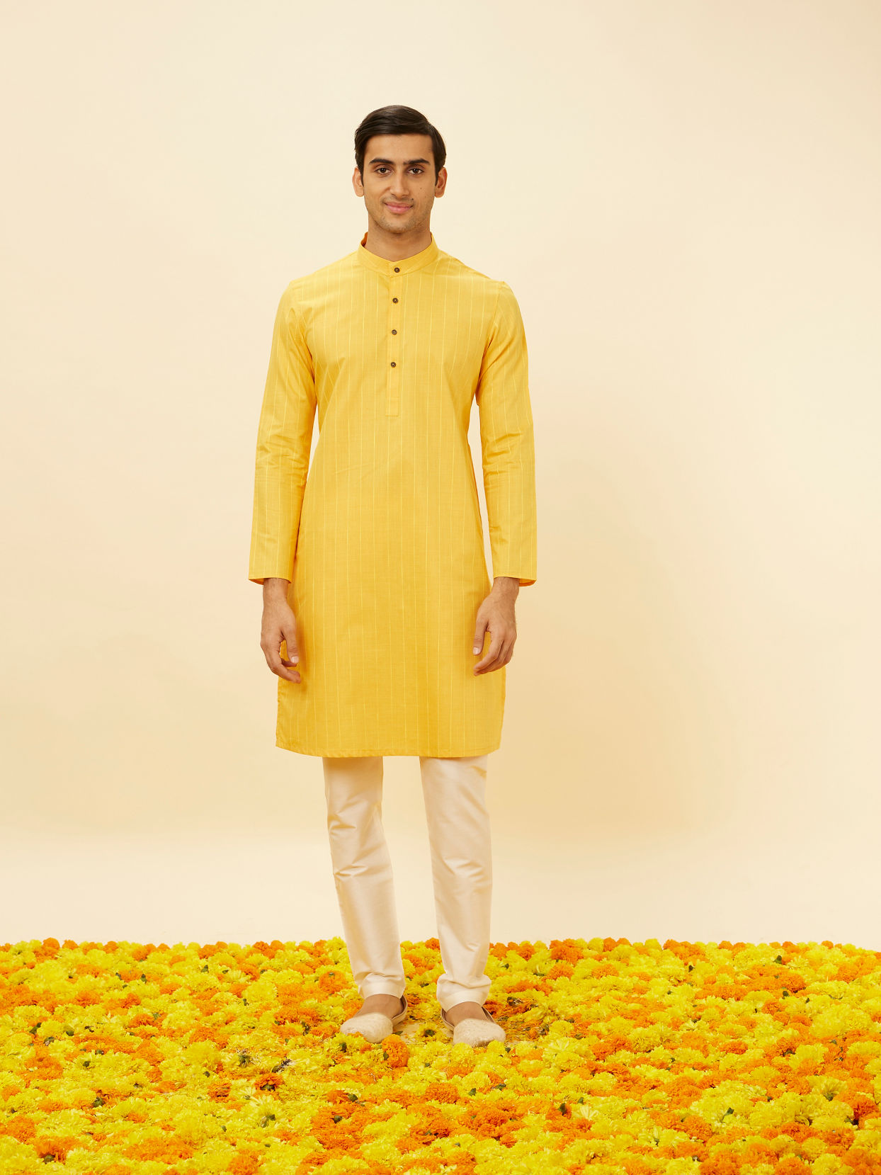 alt message - Manyavar Men Tuscan Yellow Self Striped Kurta image number 2