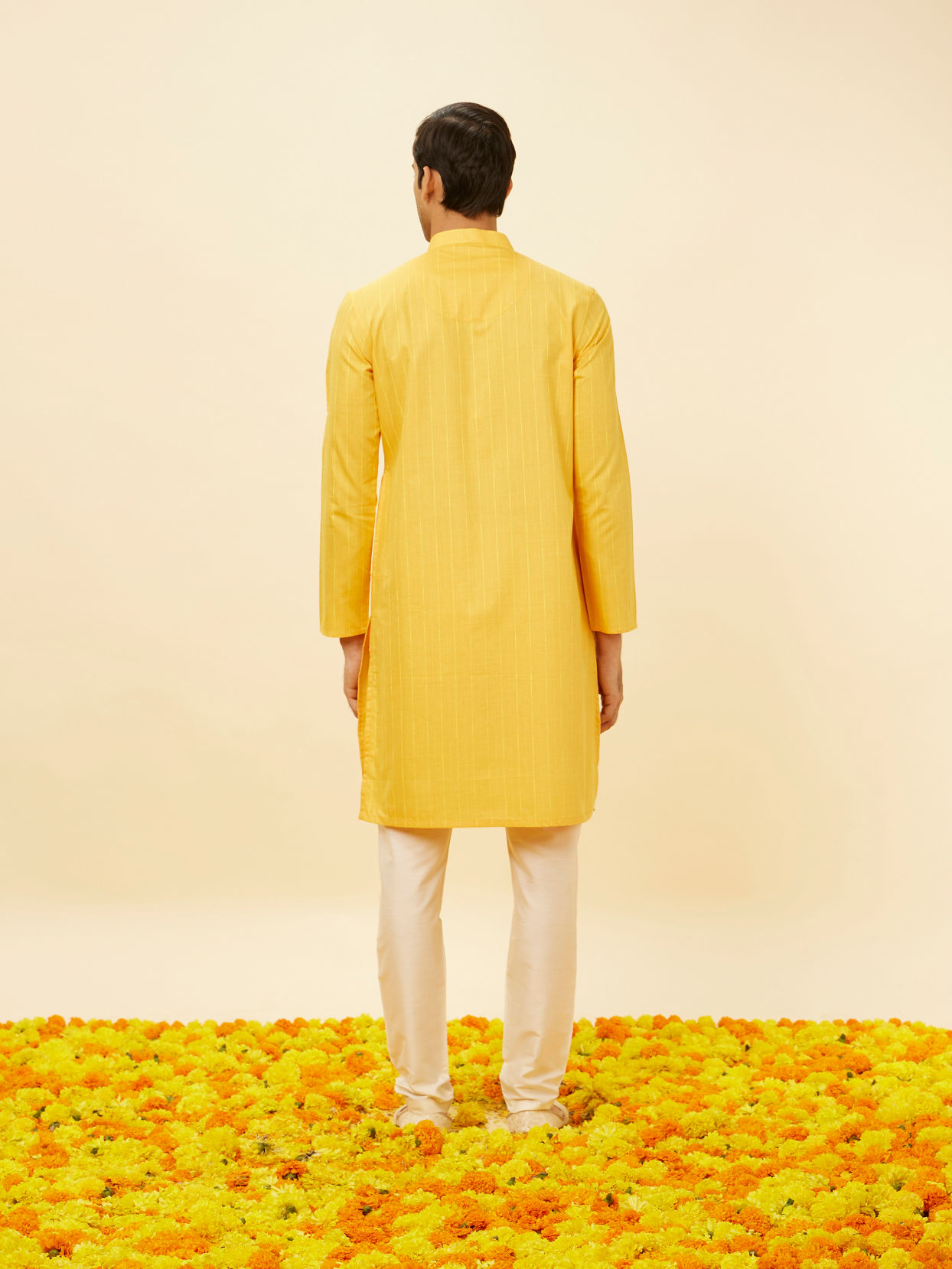 Manyavar Men Tuscan Yellow Self Striped Kurta