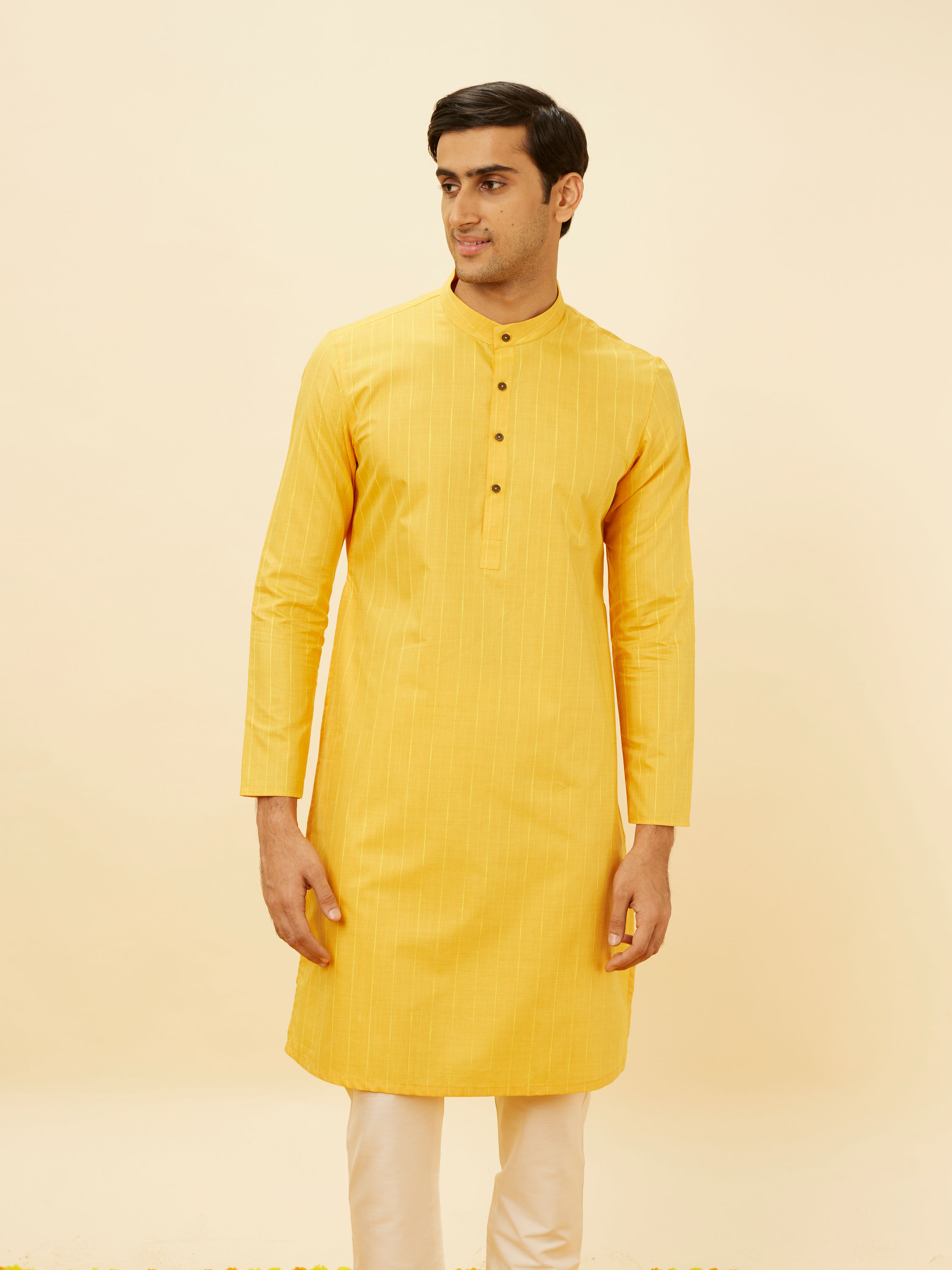 Manyavar Men Tuscan Yellow Self Striped Kurta