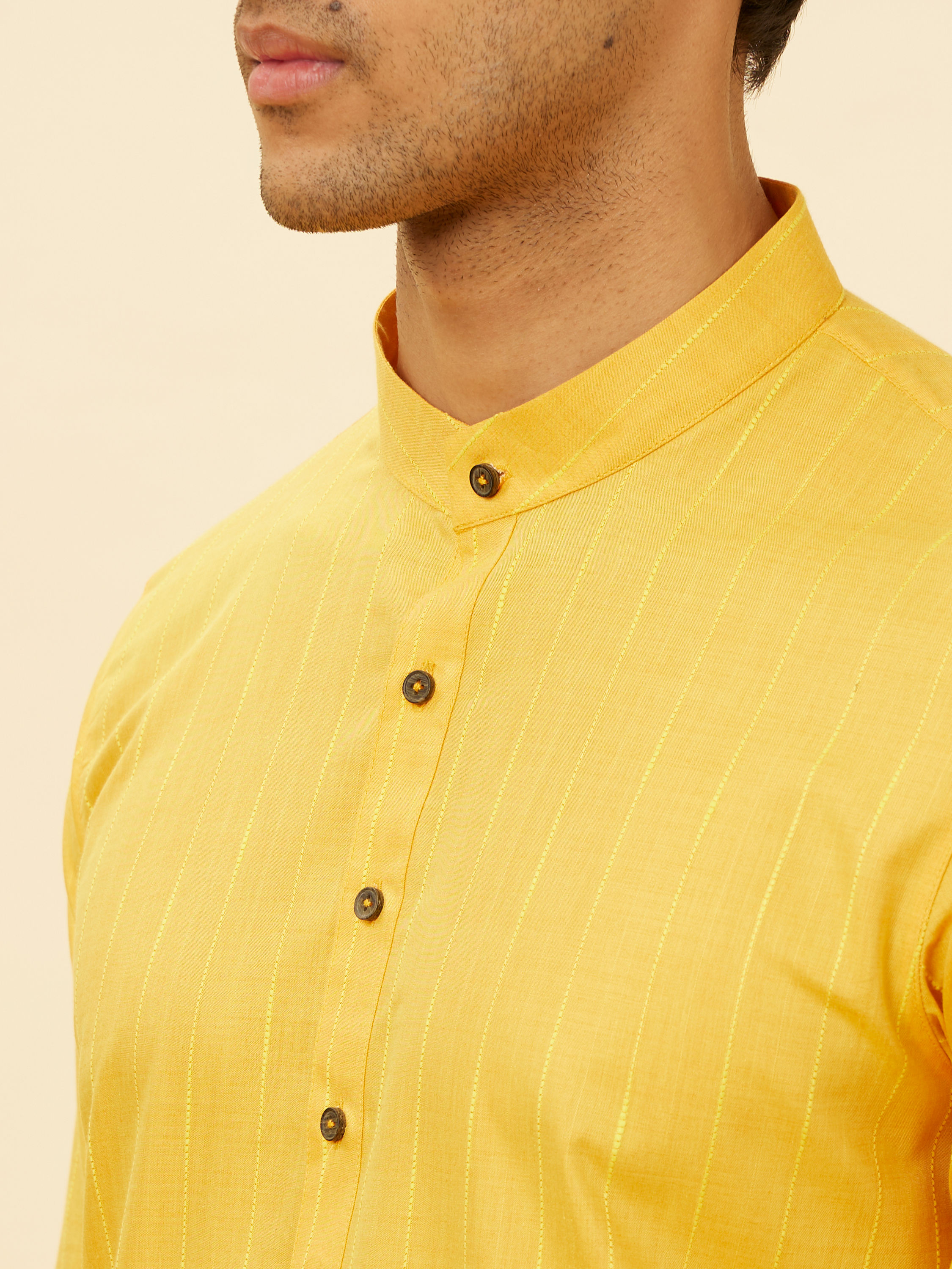 Manyavar Men Tuscan Yellow Self Striped Kurta