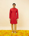 Manyavar Men Scarlet Red Self Striped Kurta