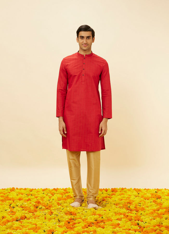 Manyavar Men Scarlet Red Self Striped Kurta