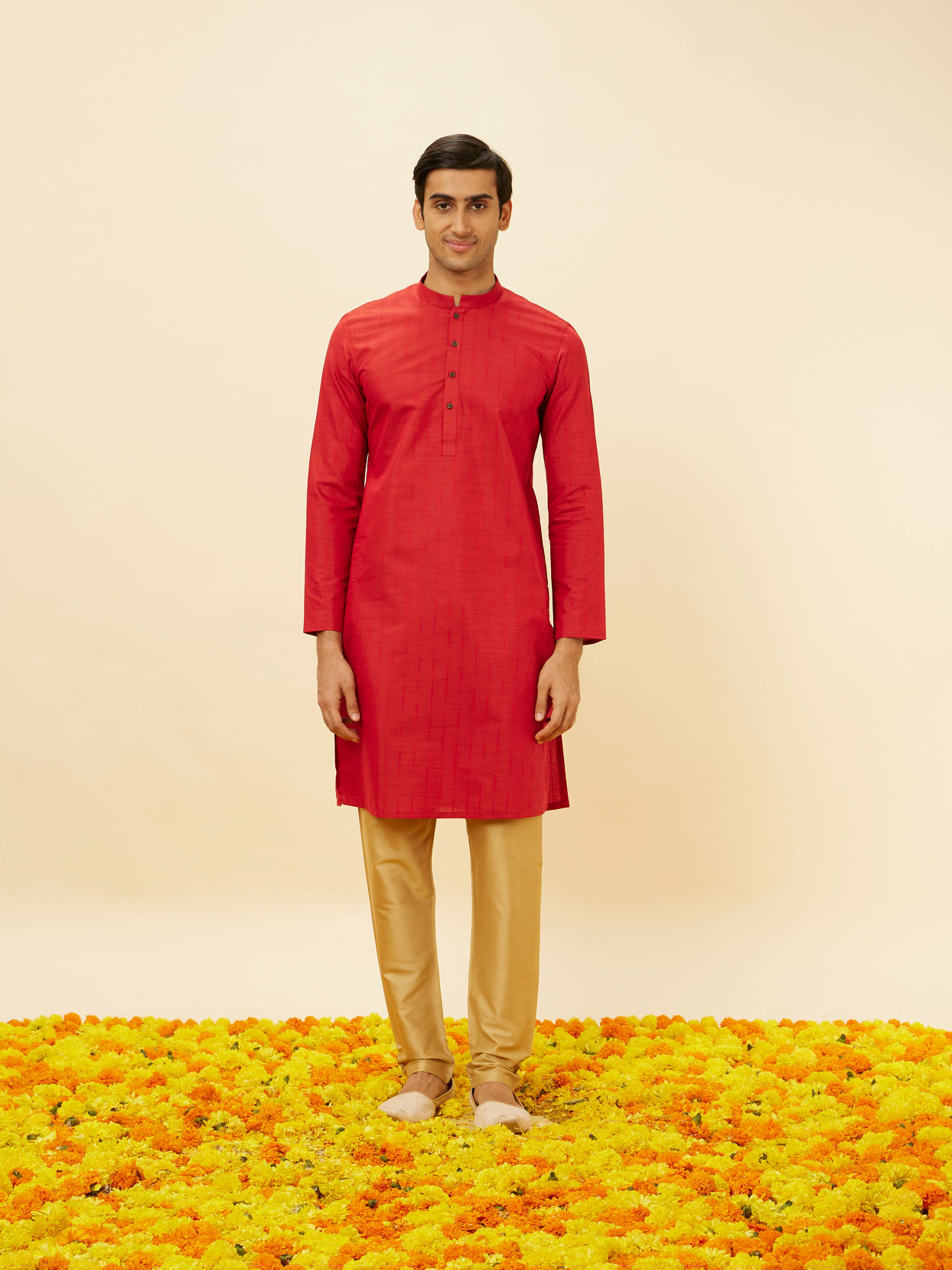 Manyavar Men Scarlet Red Self Striped Kurta