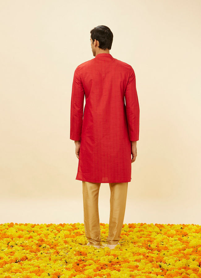 alt message - Manyavar Men Scarlet Red Self Striped Kurta image number 4