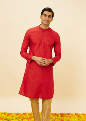 alt message - Manyavar Men Scarlet Red Self Striped Kurta image number 0