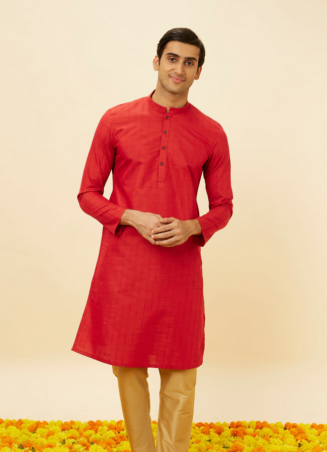 alt message - Manyavar Men Scarlet Red Self Striped Kurta image number 0