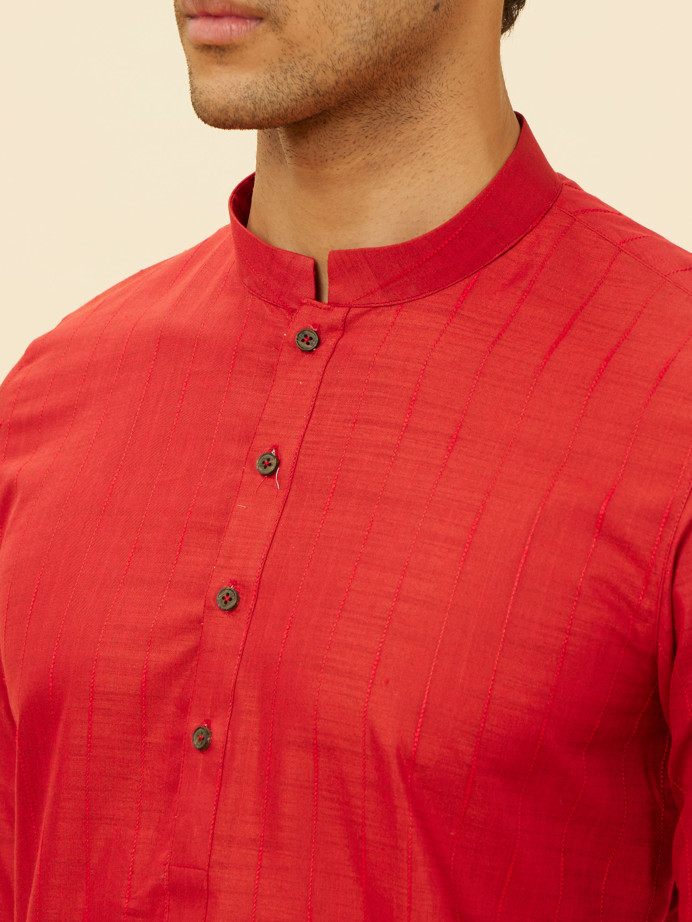 Manyavar Men Scarlet Red Self Striped Kurta