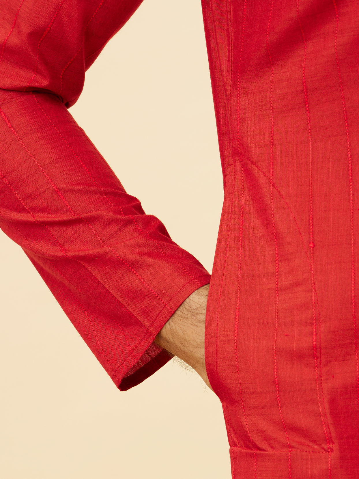 Scarlet Red Self Striped Kurta image number 3