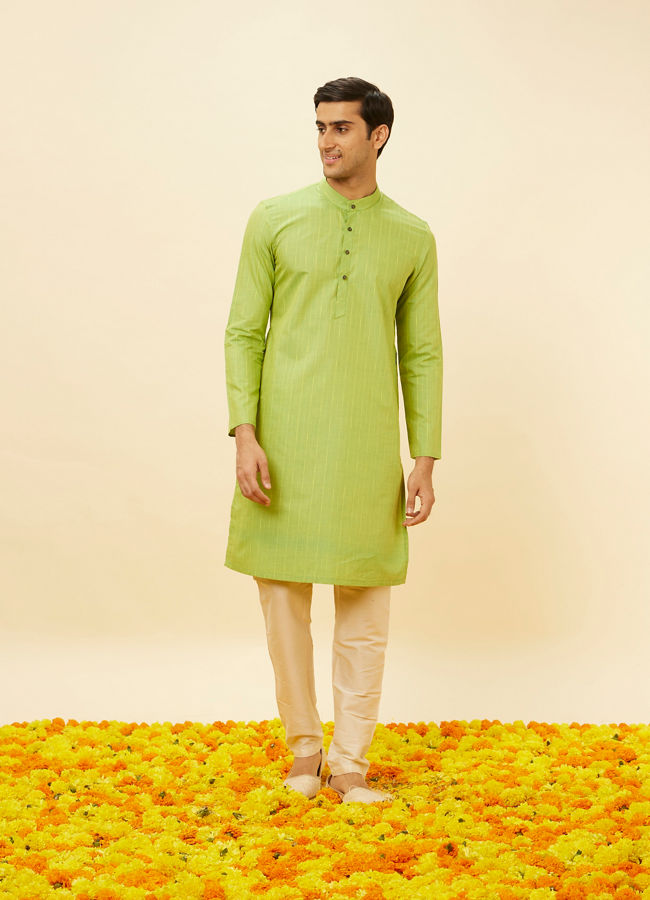 Manyavar Men Spring Green Self Striped Kurta