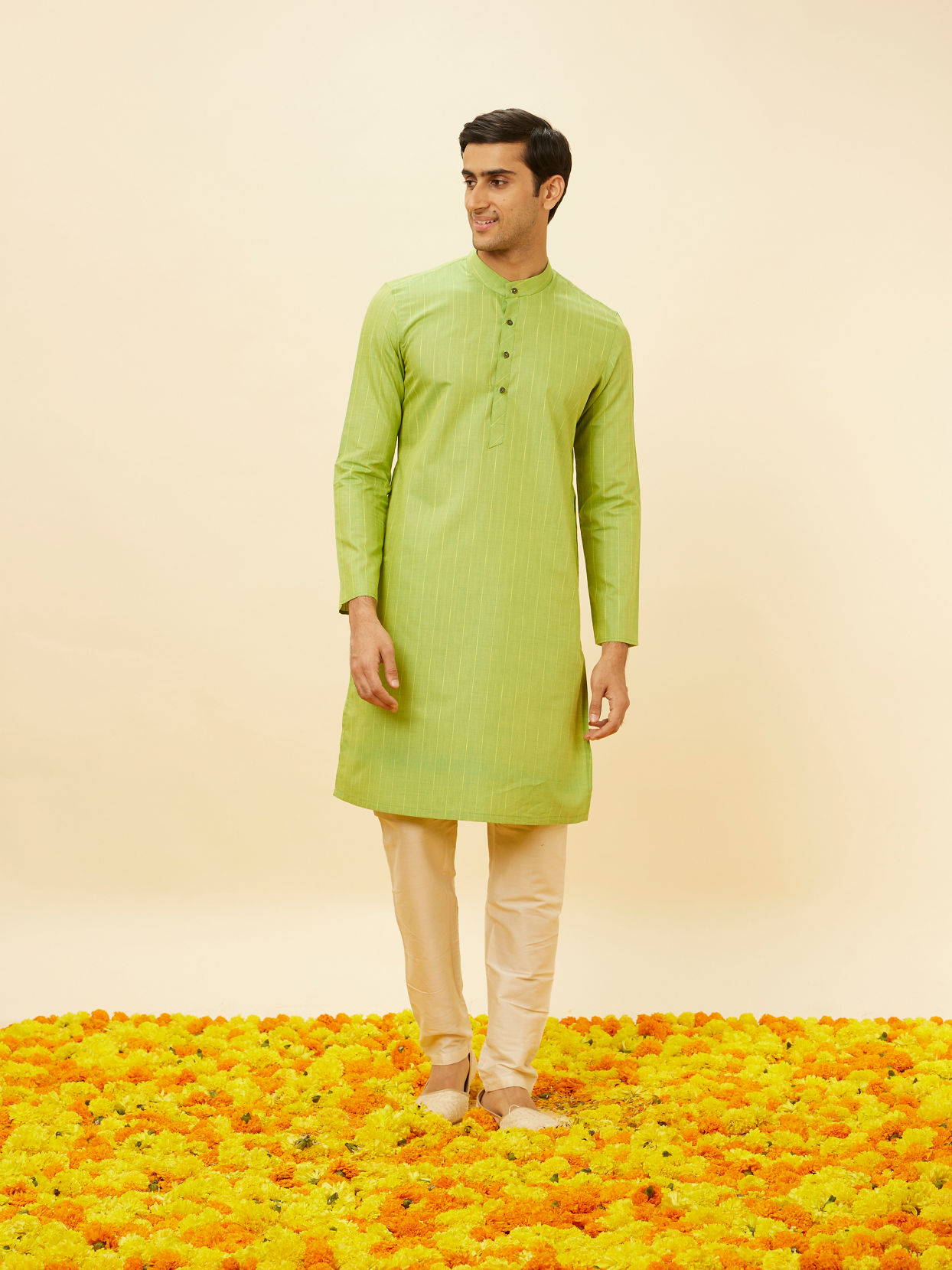 Manyavar Men Spring Green Self Striped Kurta