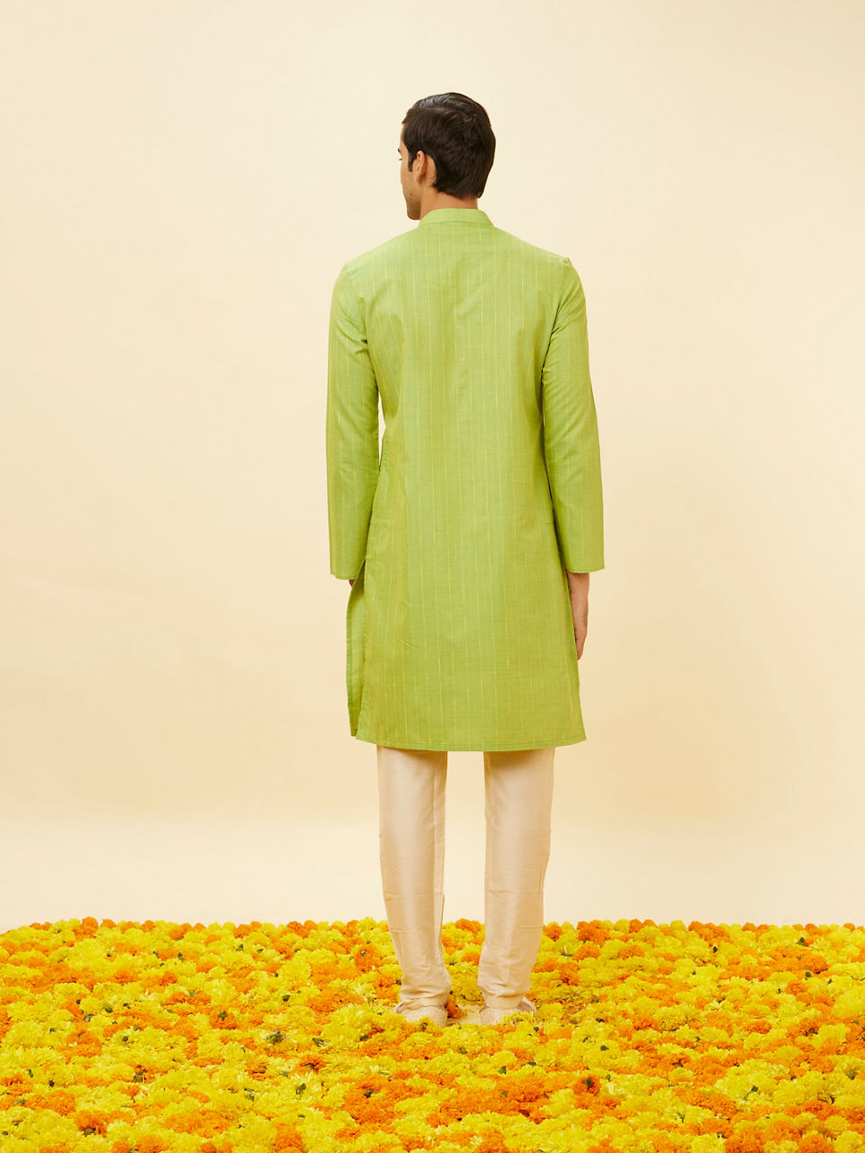 Manyavar Men Spring Green Self Striped Kurta