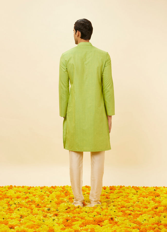 Manyavar Men Spring Green Self Striped Kurta