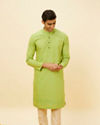 alt message - Manyavar Men Spring Green Self Striped Kurta image number 0