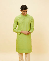 Manyavar Men Spring Green Self Striped Kurta