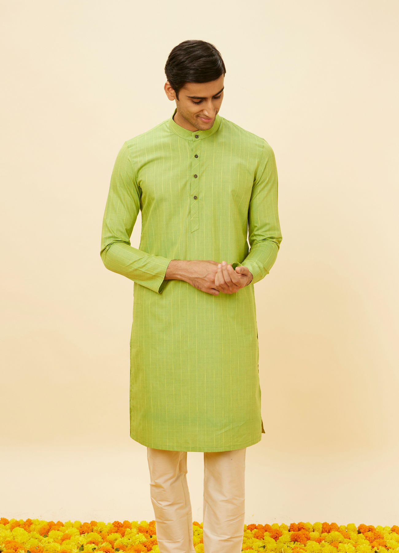 Manyavar Men Spring Green Self Striped Kurta