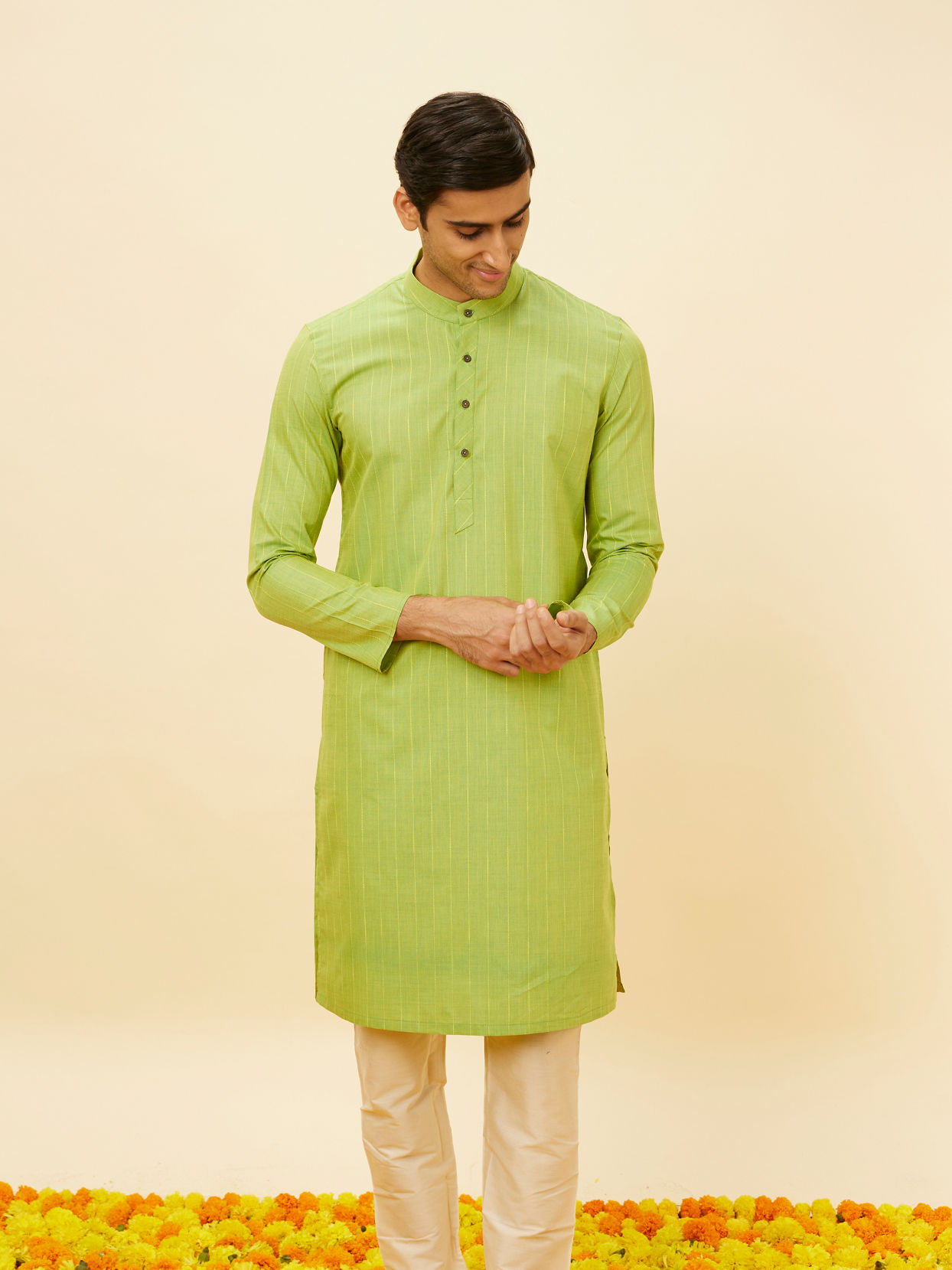 alt message - Manyavar Men Spring Green Self Striped Kurta image number 0