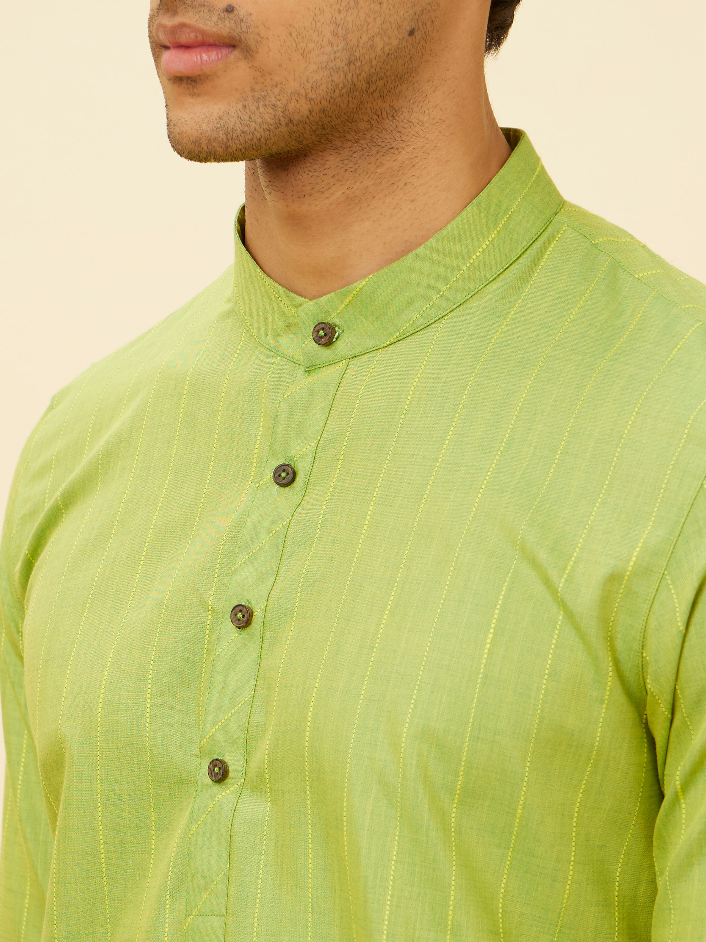 Manyavar Men Spring Green Self Striped Kurta