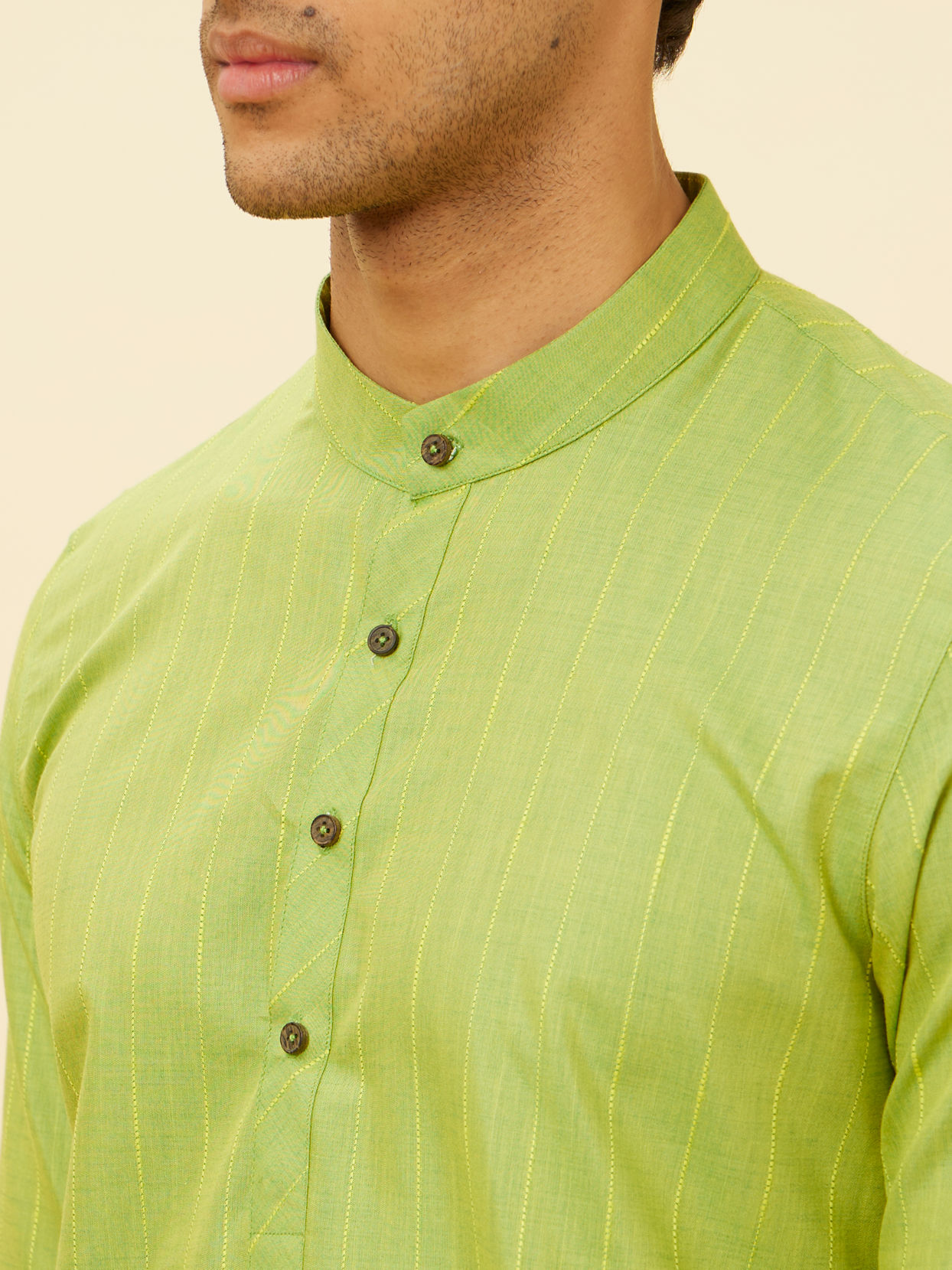 alt message - Manyavar Men Spring Green Self Striped Kurta image number 1