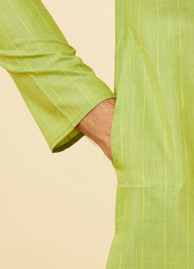 alt message - Manyavar Men Spring Green Self Striped Kurta image number 3