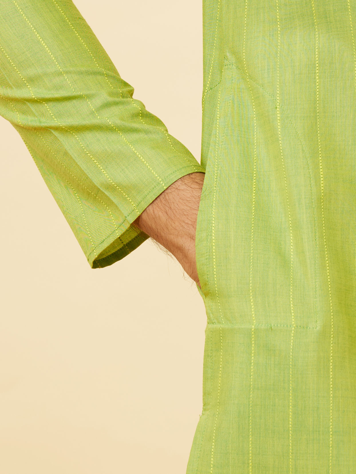 alt message - Manyavar Men Spring Green Self Striped Kurta image number 3