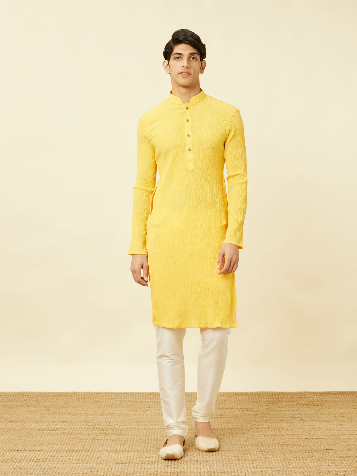 alt message - Manyavar Men Summer Daffodil Yellow Half Placket Kurta image number 2