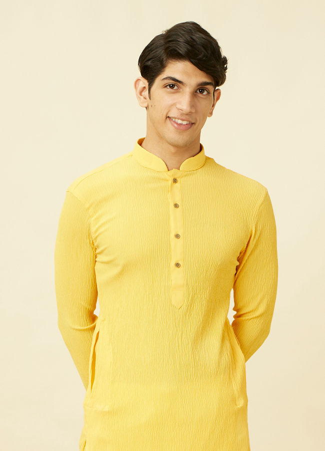 alt message - Manyavar Men Summer Daffodil Yellow Half Placket Kurta image number 0