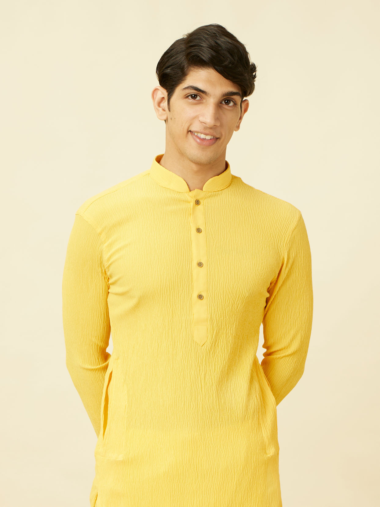 alt message - Manyavar Men Summer Daffodil Yellow Half Placket Kurta image number 0