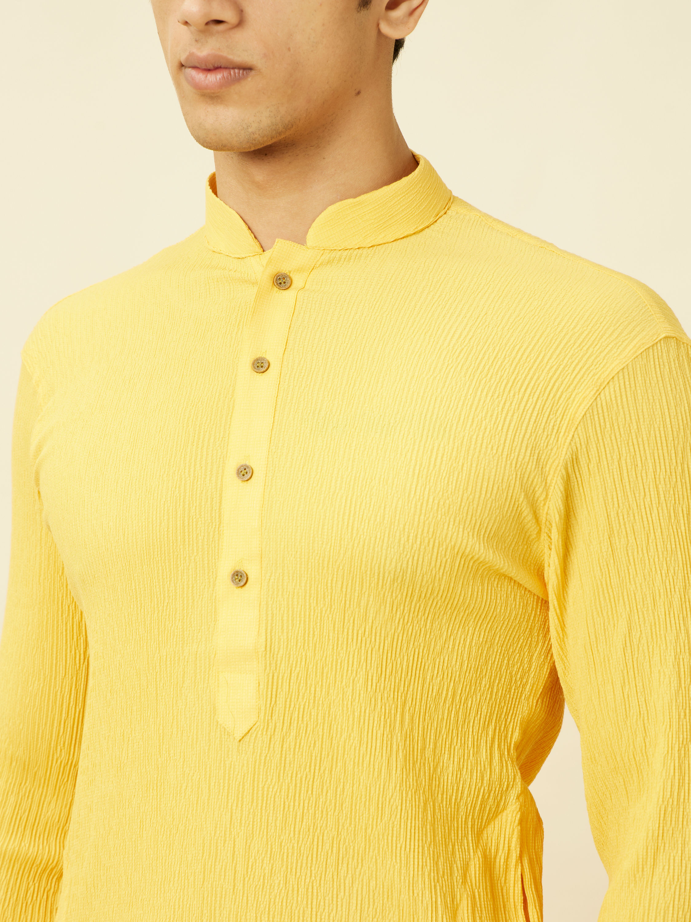 Manyavar Men Summer Daffodil Yellow Half Placket Kurta