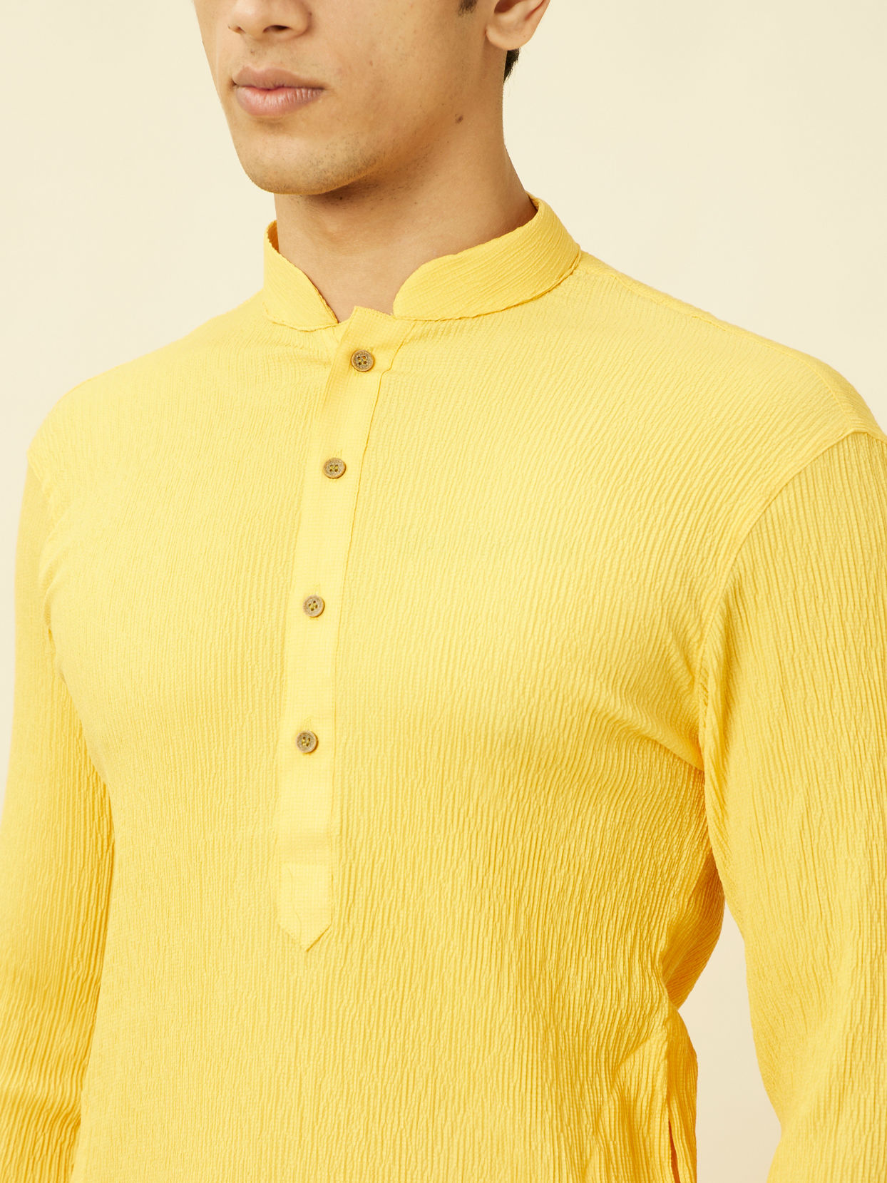 alt message - Manyavar Men Summer Daffodil Yellow Half Placket Kurta image number 1