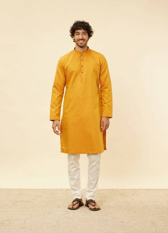 Manyavar Men Mustard Yellow Contrast Piping Kurta