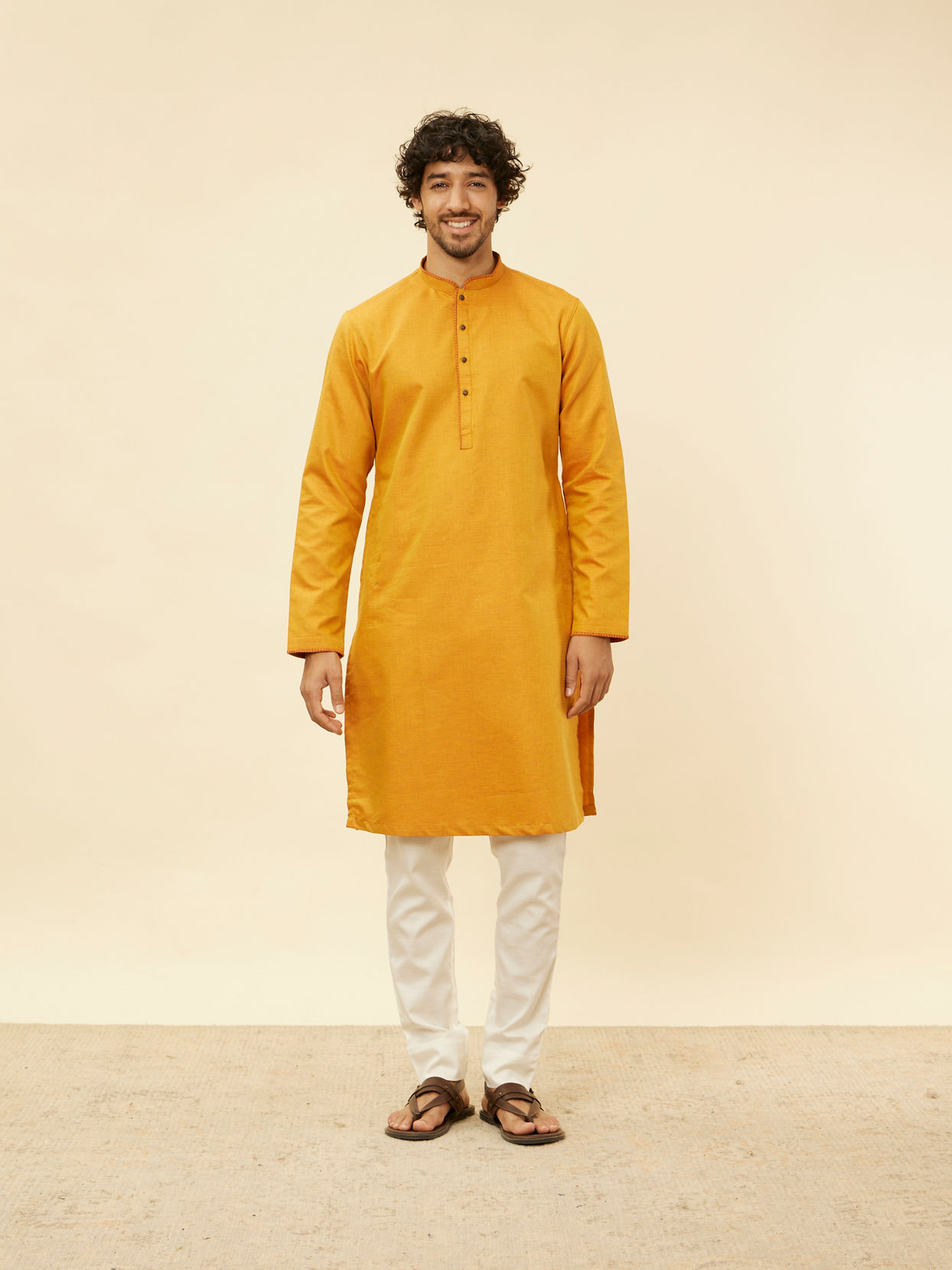 Manyavar Men Mustard Yellow Contrast Piping Kurta