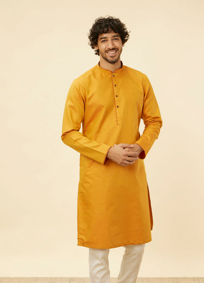 Mustard Yellow Contrast Piping Kurta image number 0