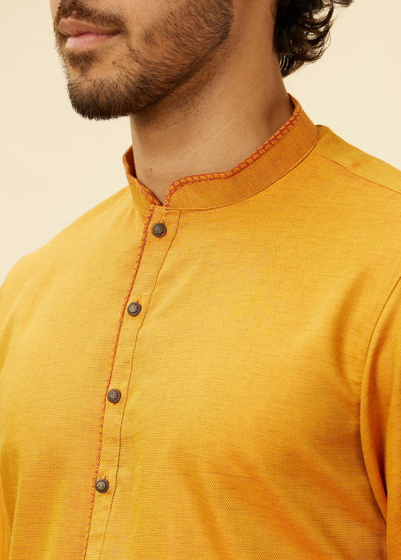 Manyavar Men Mustard Yellow Contrast Piping Kurta