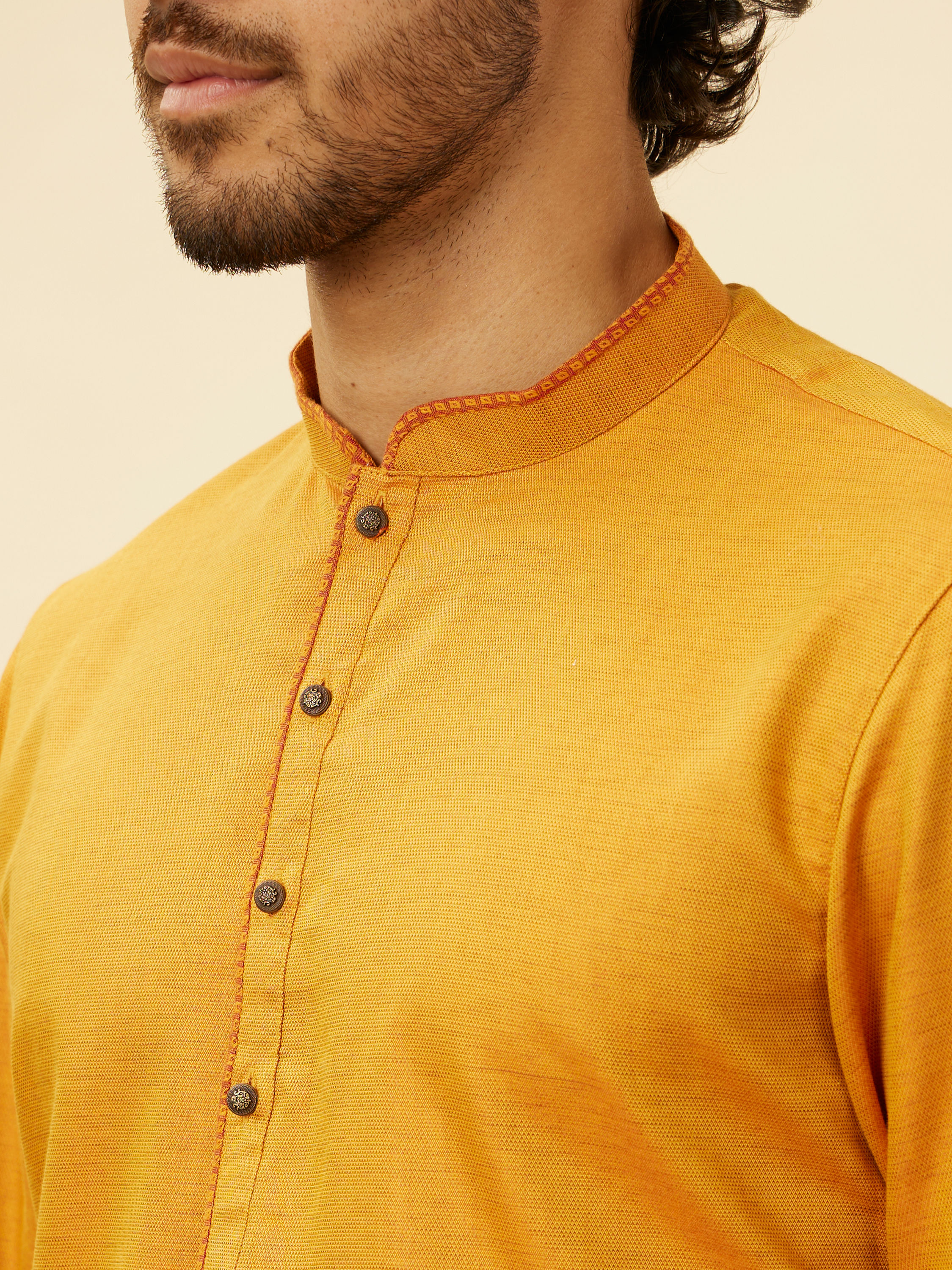 Manyavar Men Mustard Yellow Contrast Piping Kurta