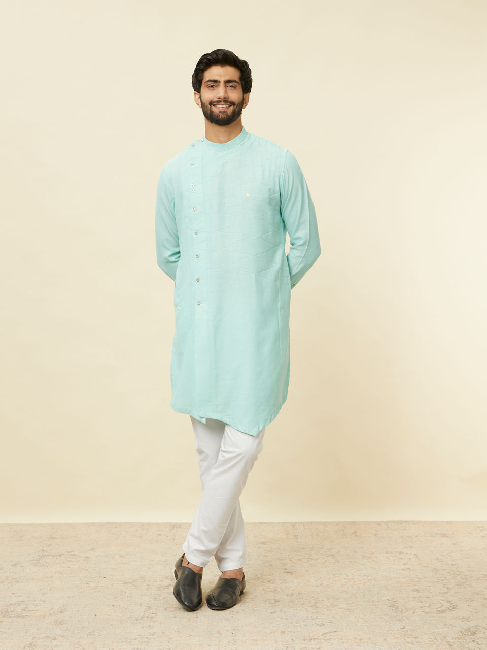 Manyavar Men Pastel Turquoise Green Angrakha Style Kurta