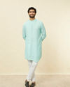 Manyavar Men Pastel Turquoise Green Angrakha Style Kurta