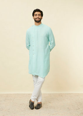 Manyavar Men Pastel Turquoise Green Angrakha Style Kurta image number 2