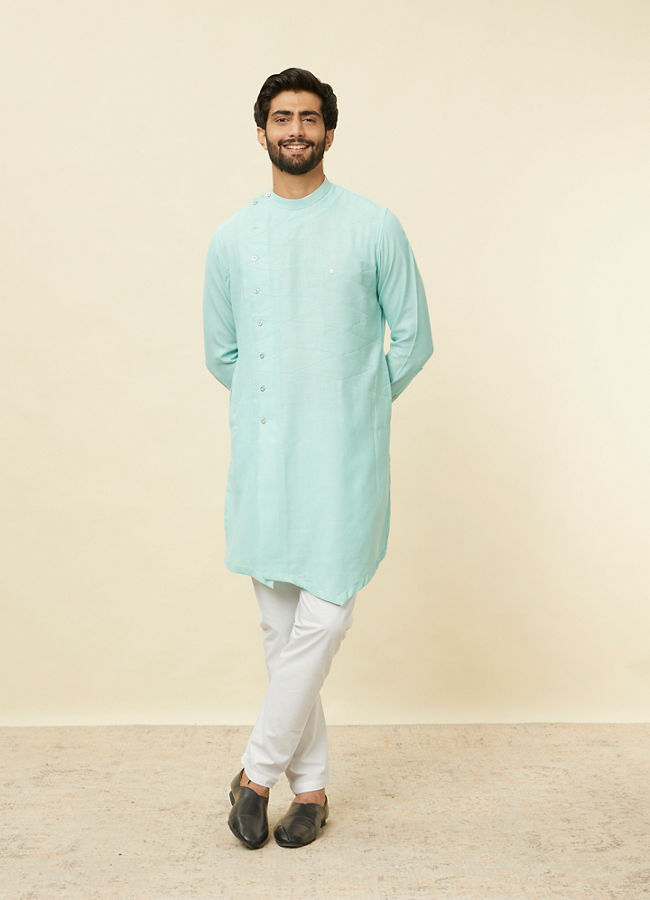 alt message - Manyavar Men Pastel Turquoise Green Angrakha Style Kurta image number 2