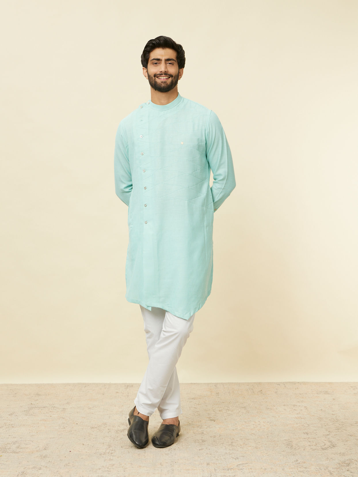 Manyavar Men Pastel Turquoise Green Angrakha Style Kurta