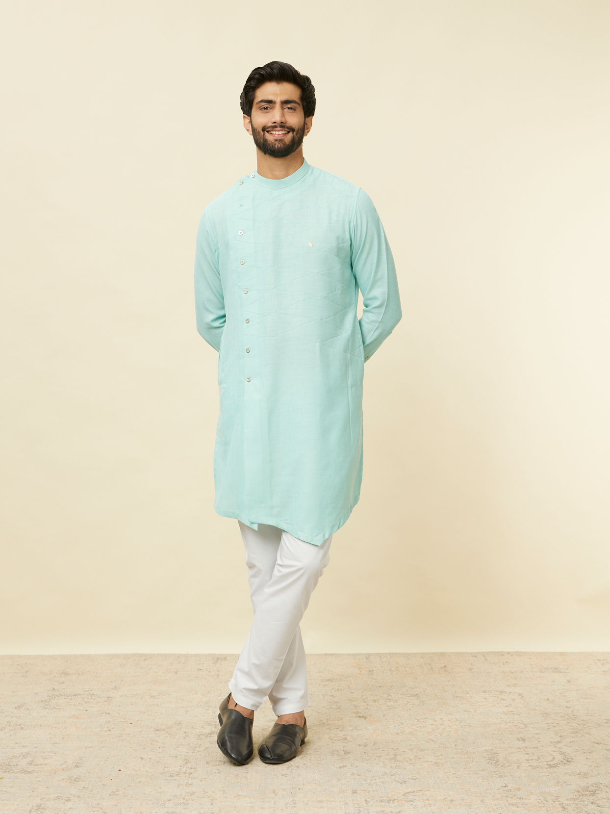 alt message - Manyavar Men Pastel Turquoise Green Angrakha Style Kurta image number 2