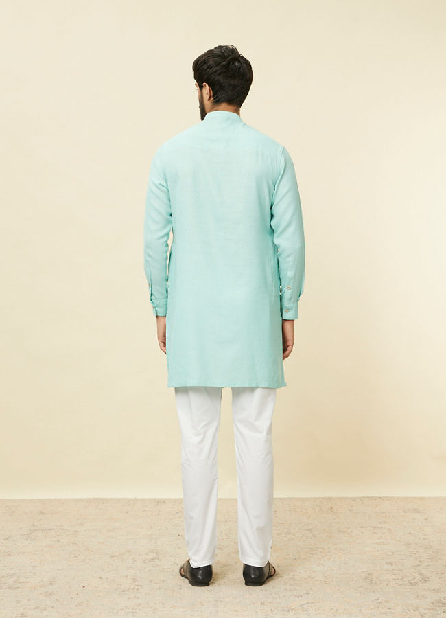 Manyavar Men Pastel Turquoise Green Angrakha Style Kurta