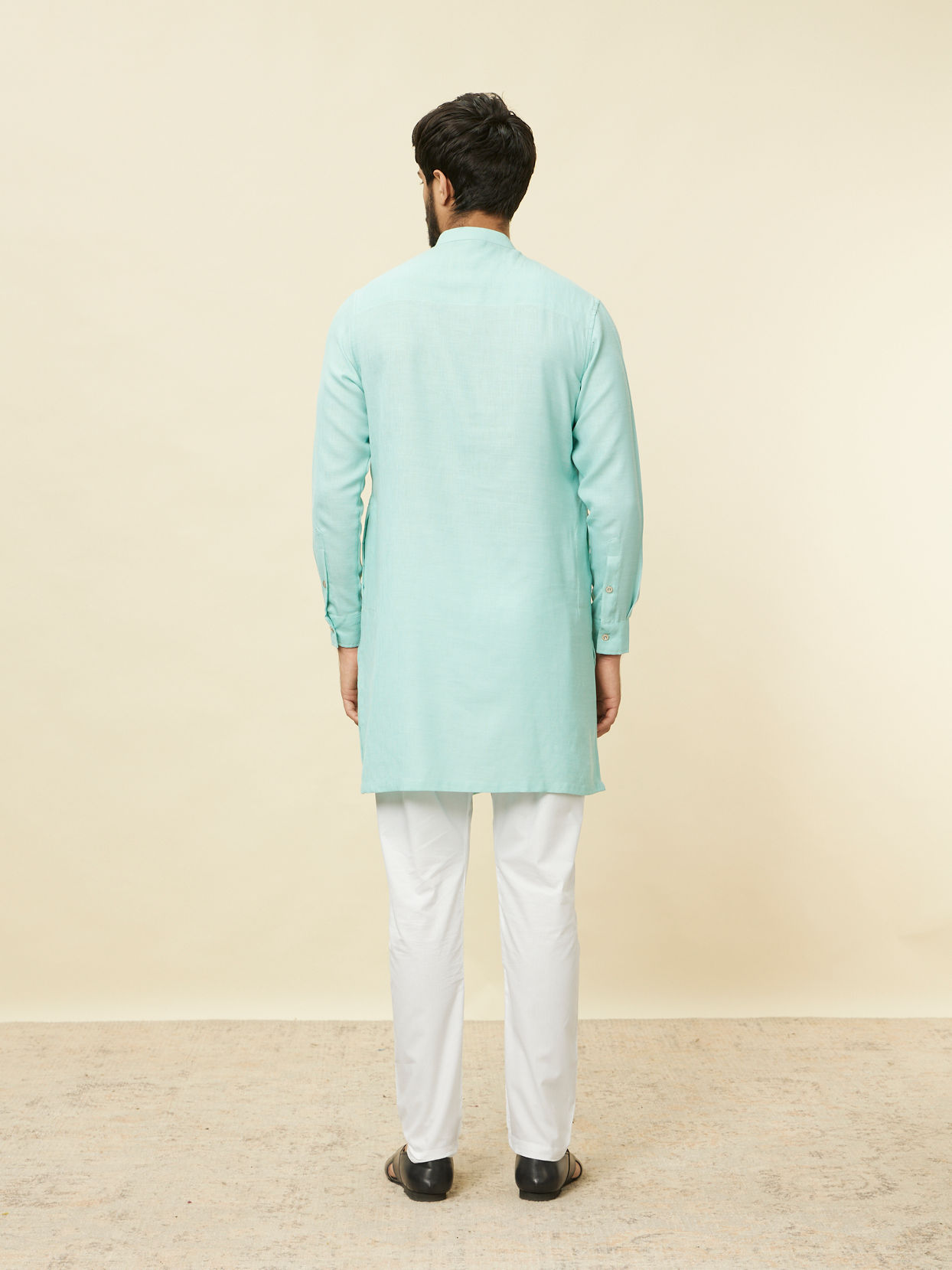 alt message - Manyavar Men Pastel Turquoise Green Angrakha Style Kurta image number 3