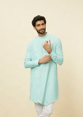 Manyavar Men Pastel Turquoise Green Angrakha Style Kurta