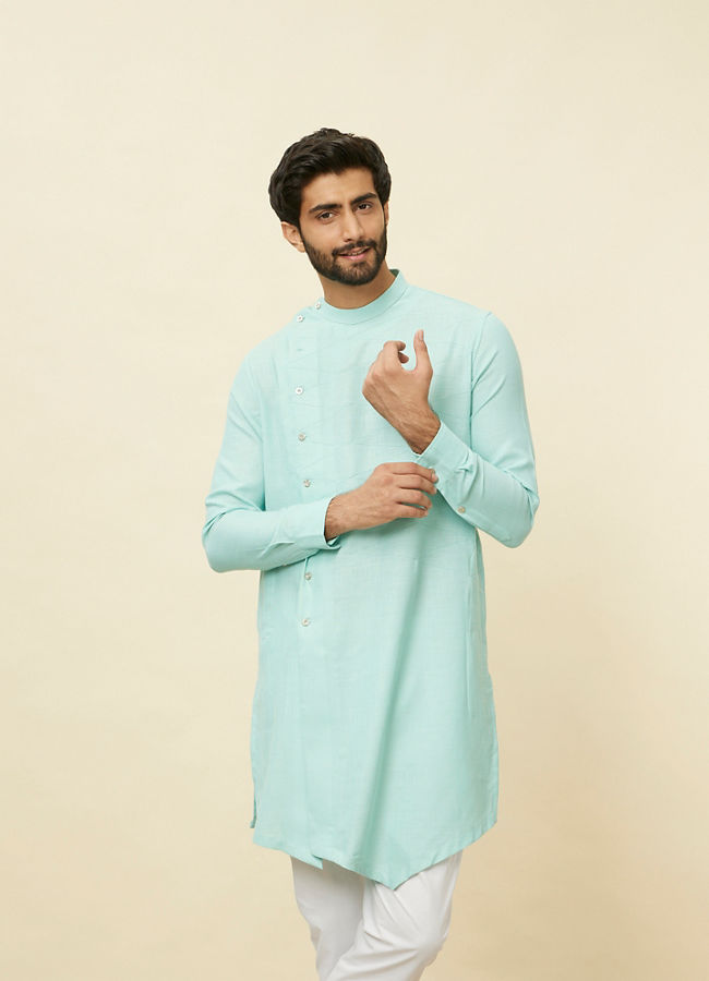 alt message - Manyavar Men Pastel Turquoise Green Angrakha Style Kurta image number 0