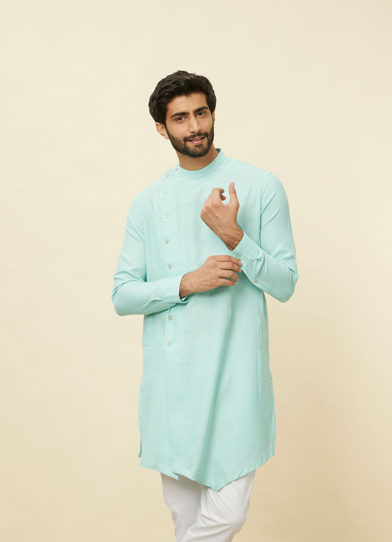 Manyavar Men Pastel Turquoise Green Angrakha Style Kurta