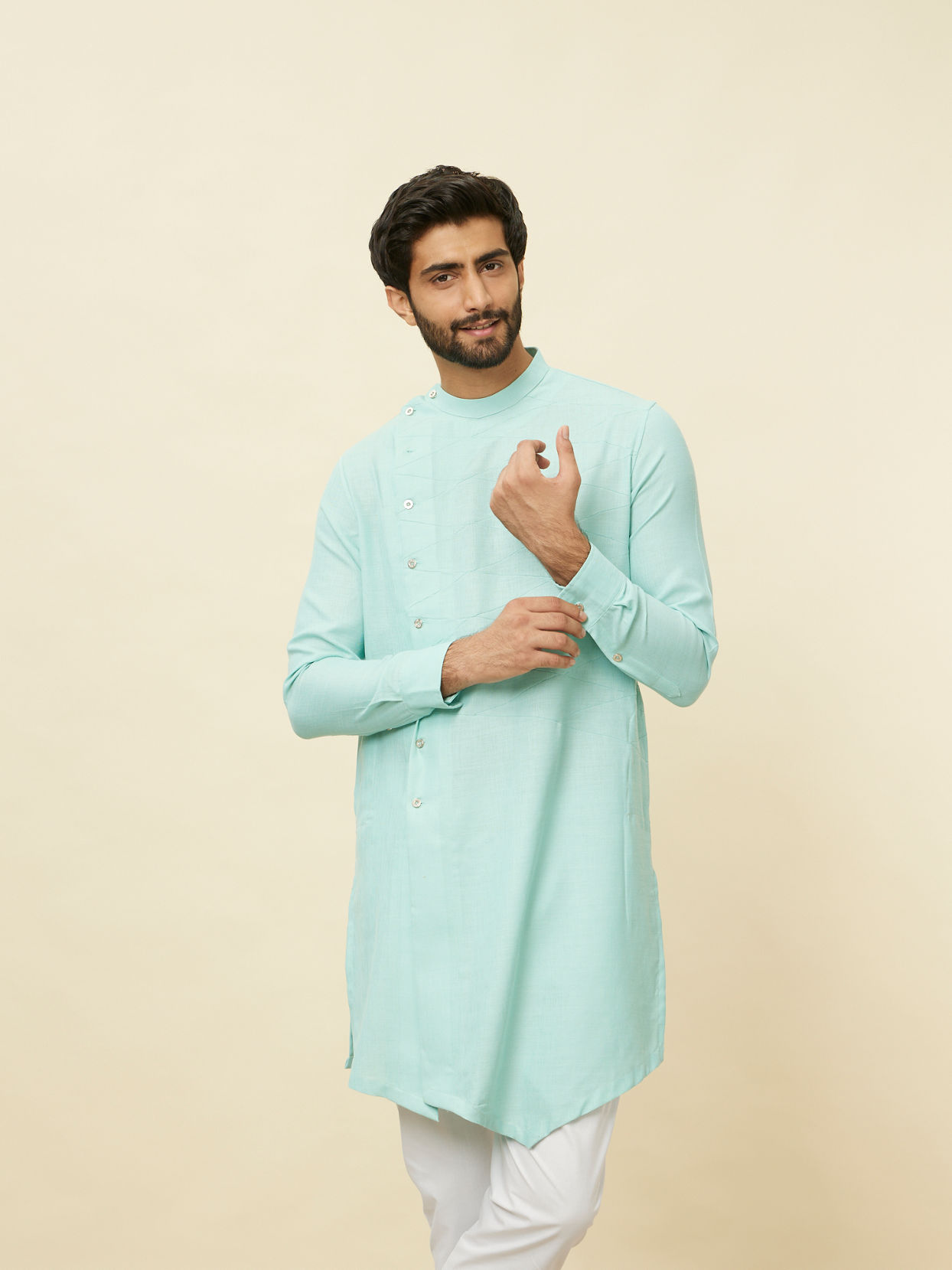 alt message - Manyavar Men Pastel Turquoise Green Angrakha Style Kurta image number 0