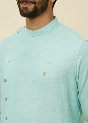 Manyavar Men Pastel Turquoise Green Angrakha Style Kurta image number 1